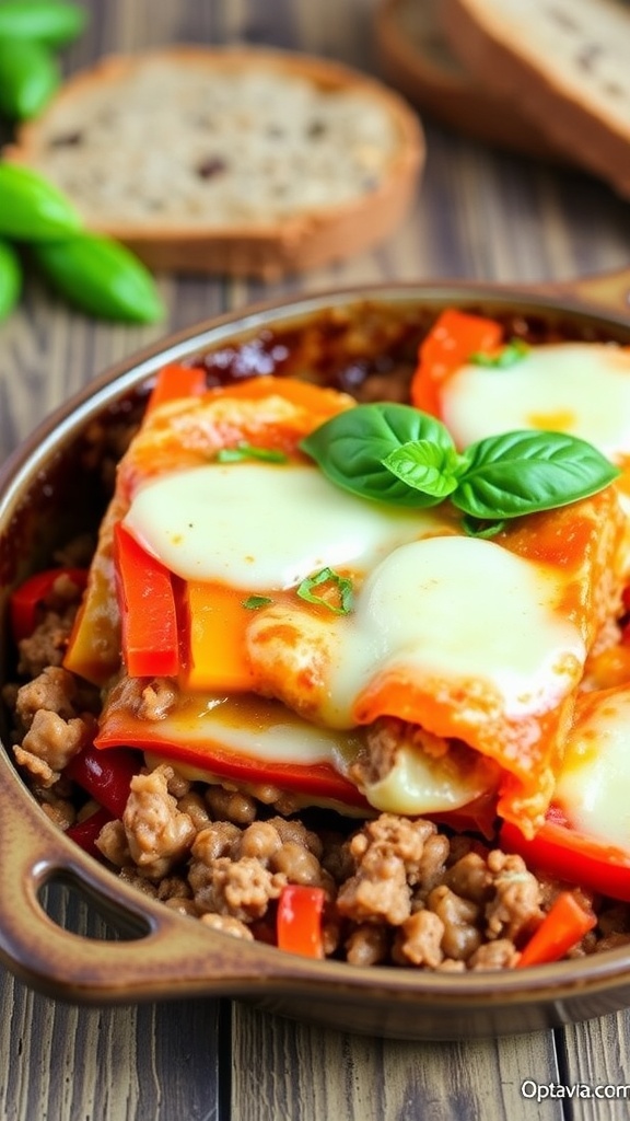 Optavia 5 & 1 Pizza Casserole Recipe A hearty pizza casserole with ground turkey, bell peppers, and melted cheese in a baking dish, garnished with basil.